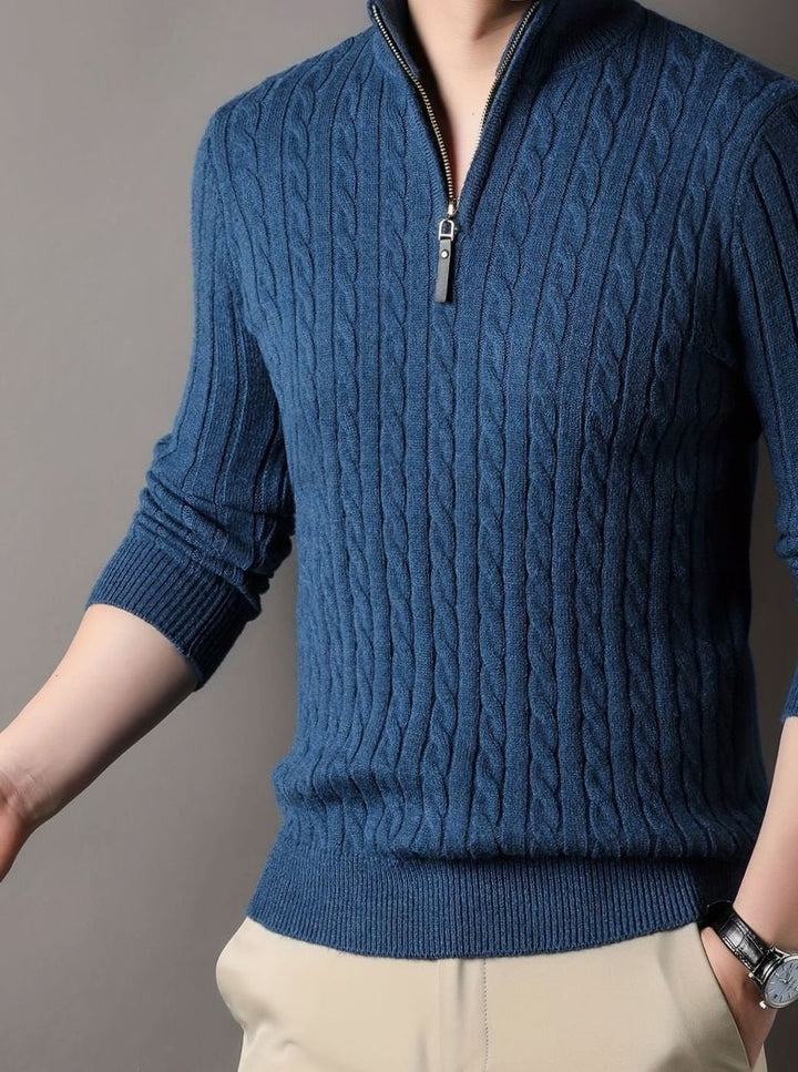Men's Cable Knit Half-Zip Warm Winter Sweater - Blue