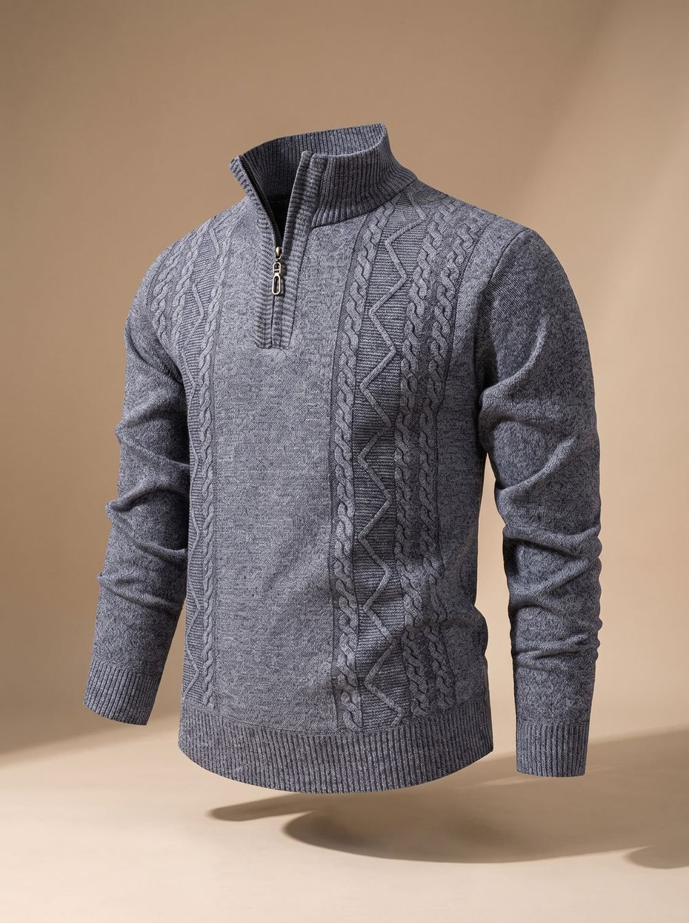 Men's Cable-Knit Quarter-Zip Stand-Collar Pullover Sweater