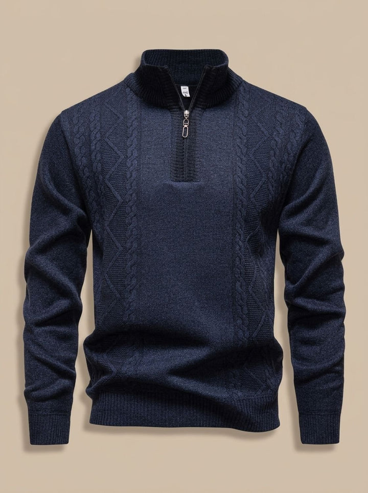 Men's Cable-Knit Quarter-Zip Stand-Collar Pullover Sweater