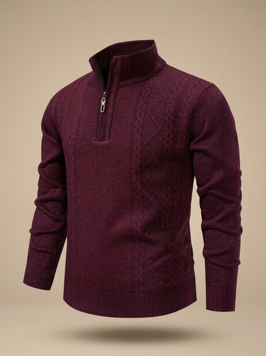 Men's Cable-Knit Quarter-Zip Stand-Collar Pullover Sweater