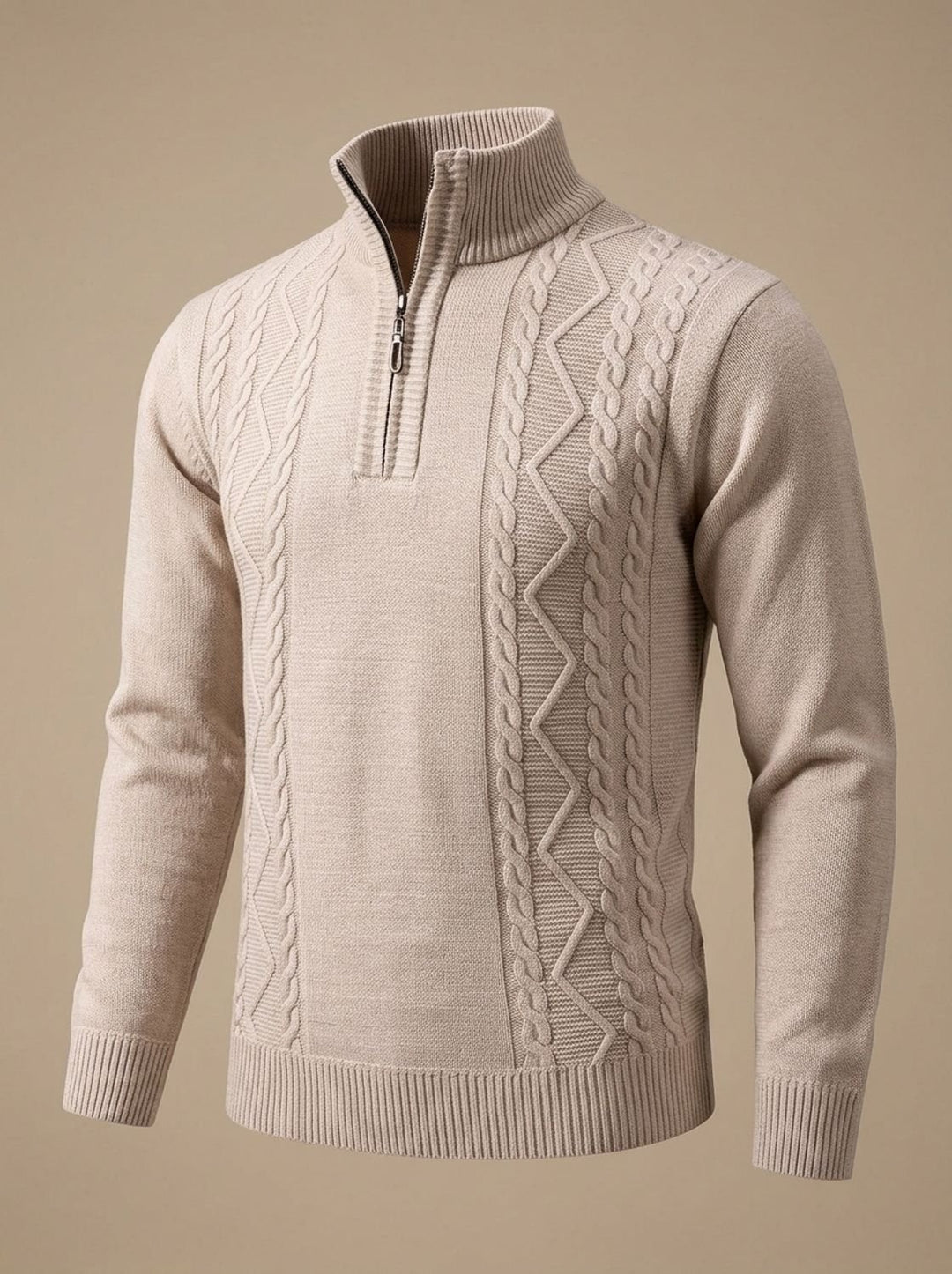 Men's Cable-Knit Quarter-Zip Stand-Collar Pullover Sweater