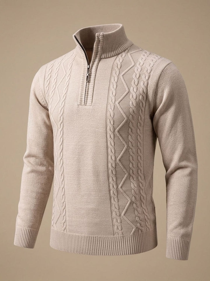 Men's Cable-Knit Quarter-Zip Stand-Collar Pullover Sweater