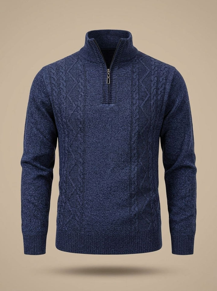 Men's Cable-Knit Quarter-Zip Stand-Collar Pullover Sweater