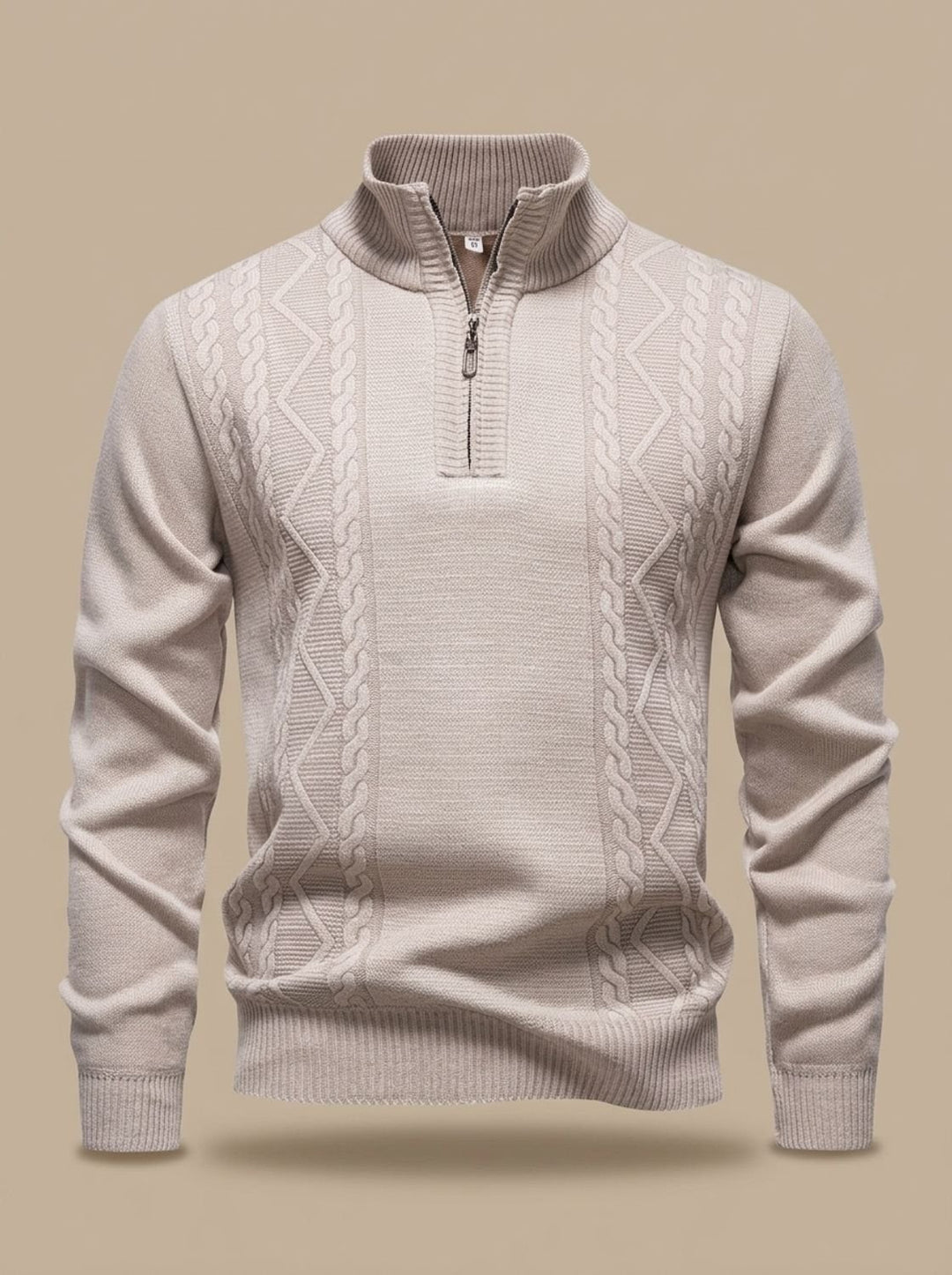 Men's Cable-Knit Quarter-Zip Stand-Collar Pullover Sweater - Beige