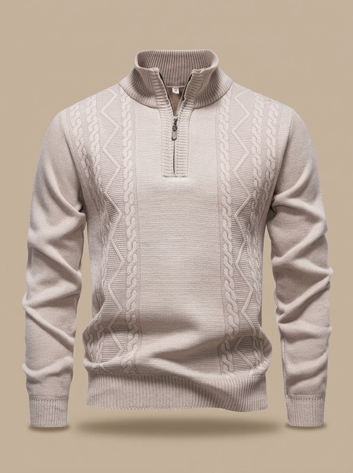Men's Cable-Knit Quarter-Zip Stand-Collar Pullover Sweater - Beige