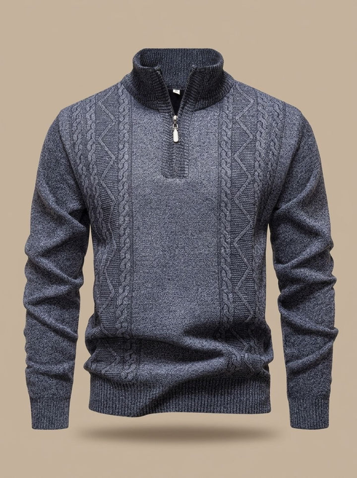 Men's Cable-Knit Quarter-Zip Stand-Collar Pullover Sweater - Light Gray