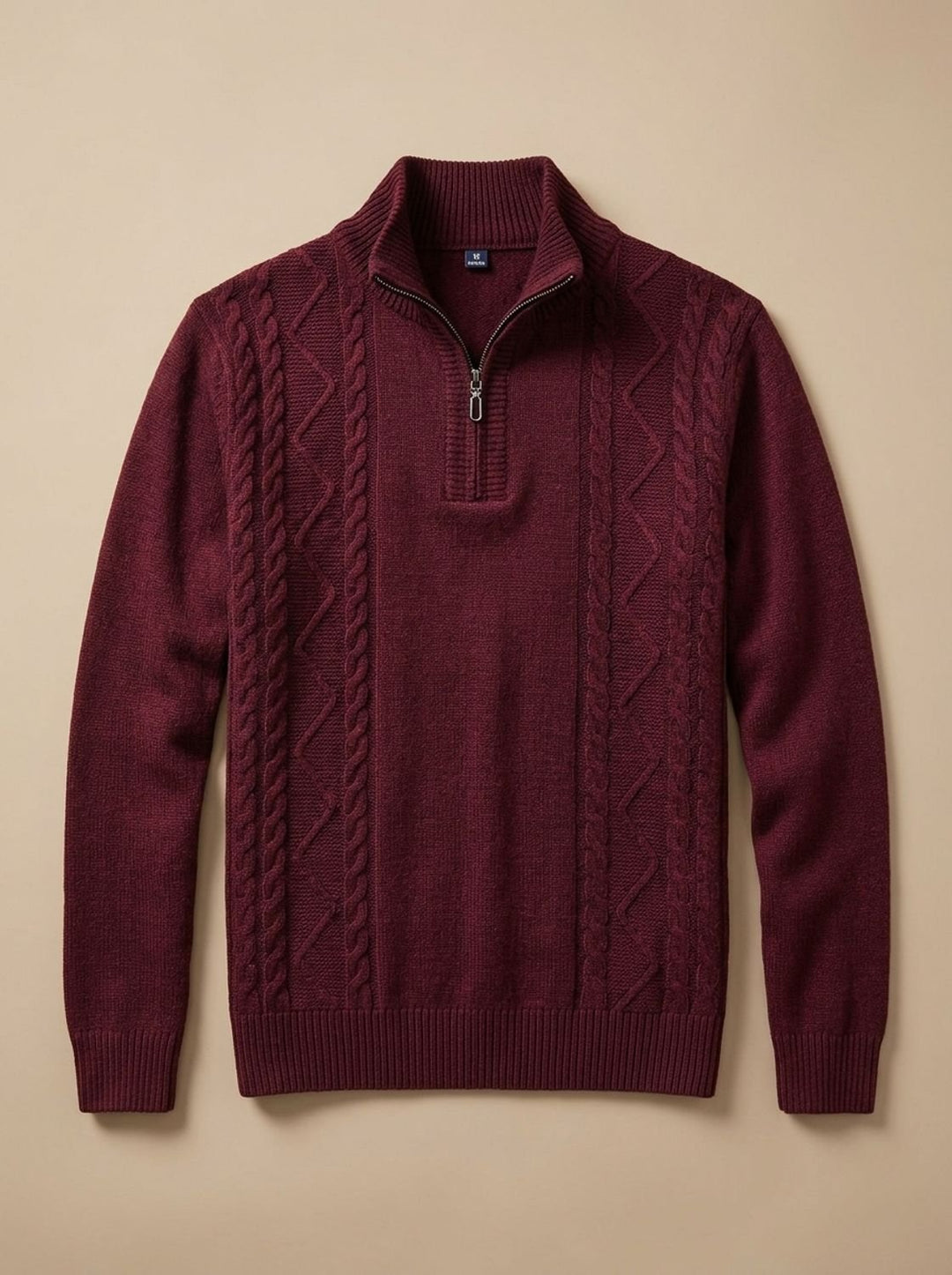 Men's Cable-Knit Quarter-Zip Stand-Collar Pullover Sweater - Burgundy