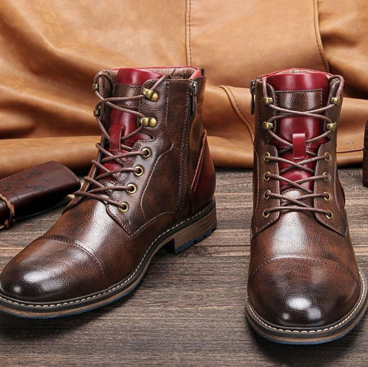 Men's Cap-Toe Lace-Up Side-Zip Leather Ankle Boots - Brown