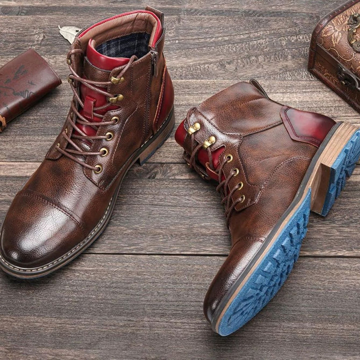 Men's Cap-Toe Lace-Up Side-Zip Leather Ankle Boots