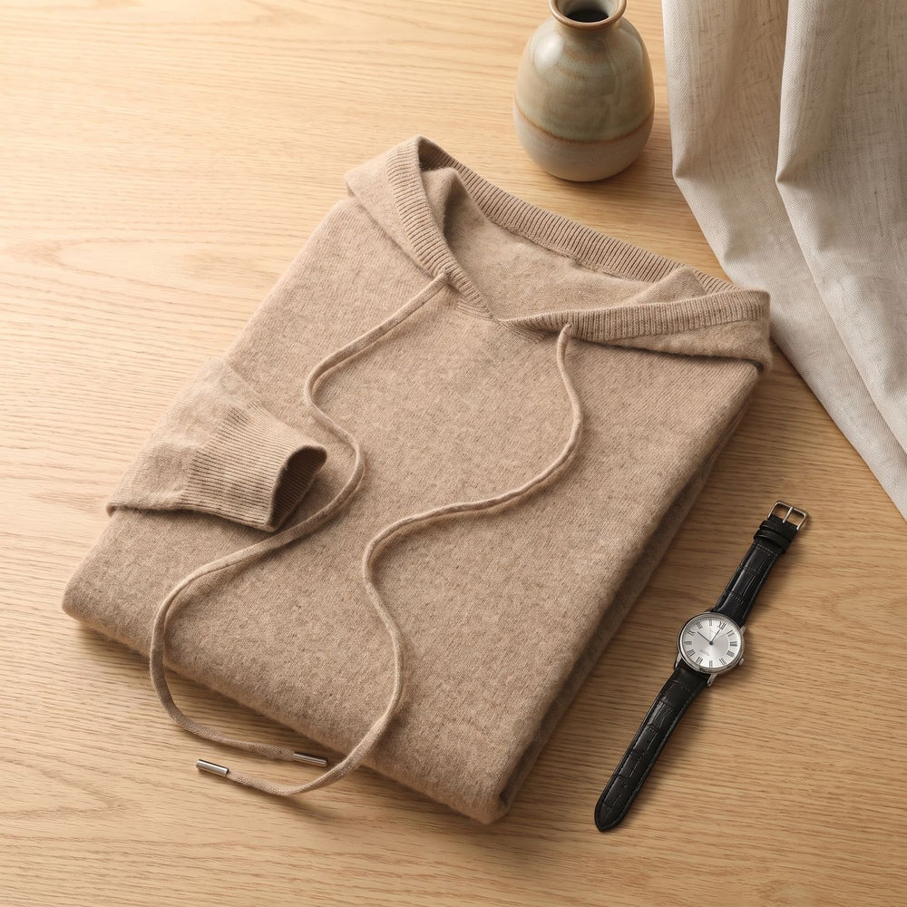 Men's Cashmere Hooded Drawstring Pullover Sweater - Beige