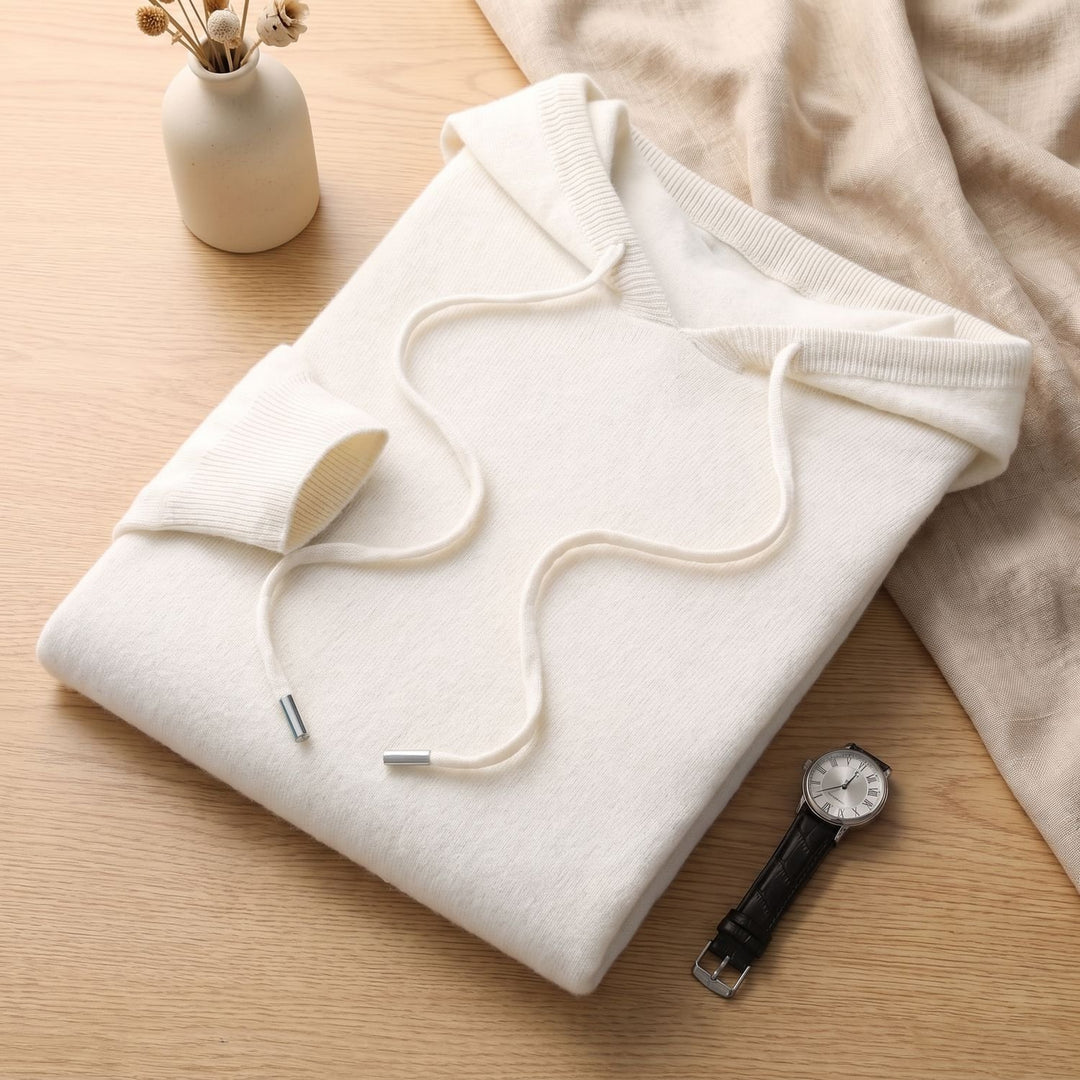 Men's Cashmere Hooded Drawstring Pullover Sweater - White