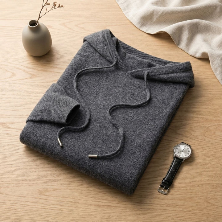 Men's Cashmere Hooded Drawstring Pullover Sweater - Dark Gray