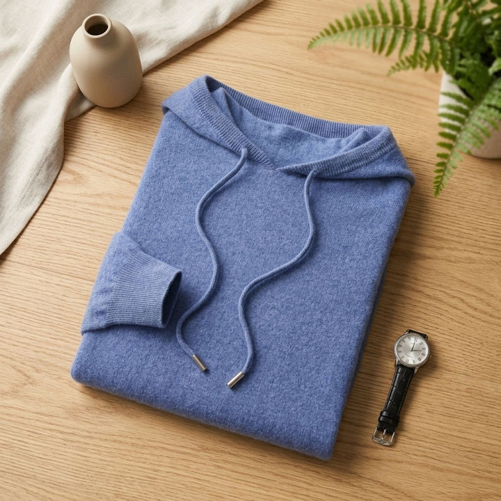 Men's Cashmere Hooded Drawstring Pullover Sweater - Blue