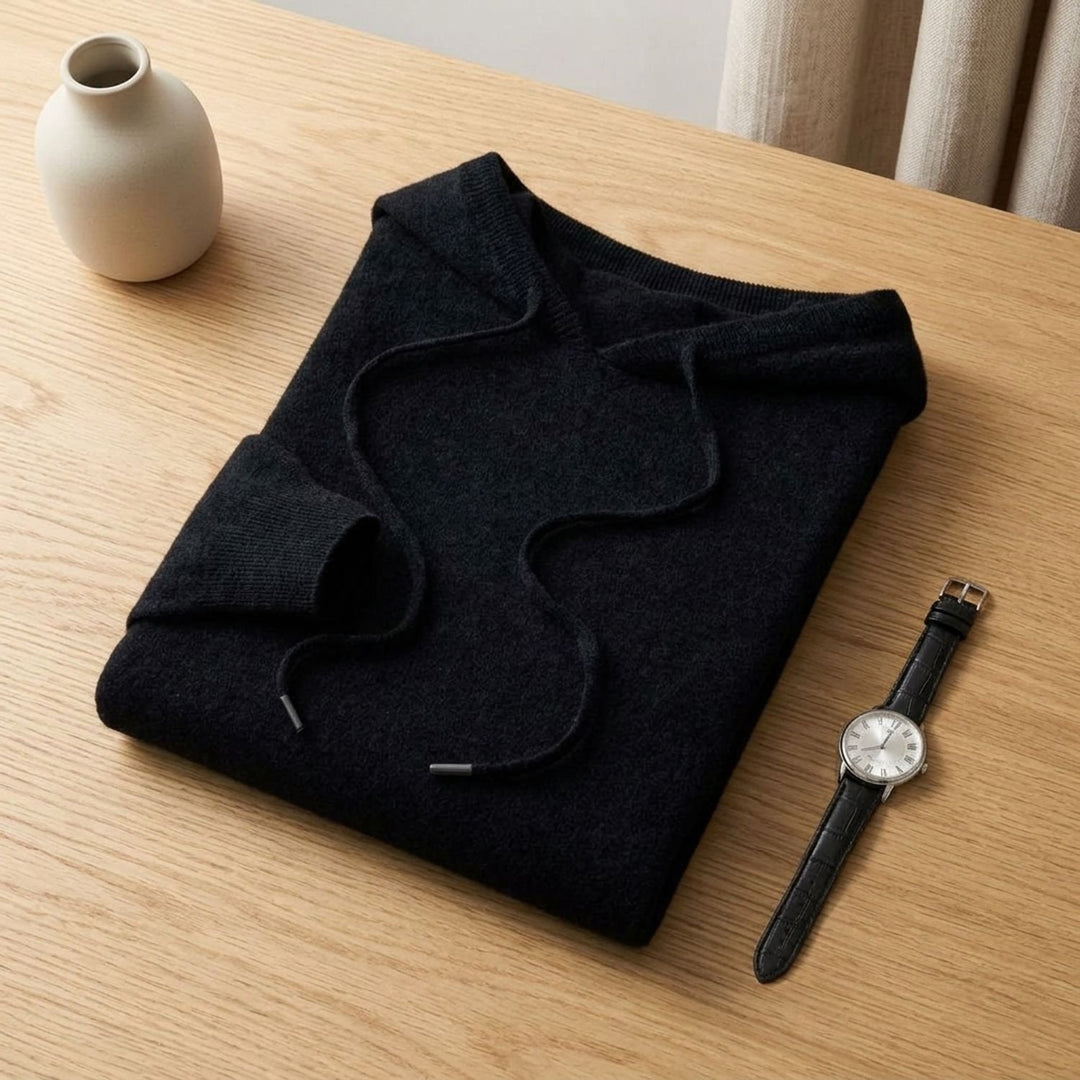 Men's Cashmere Hooded Drawstring Pullover Sweater - Black