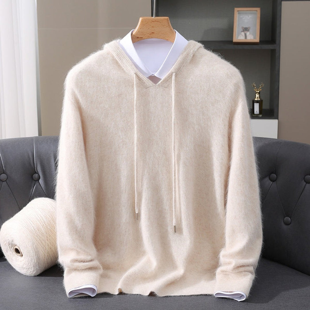 Men's Cashmere Hooded Pullover Knit Sweater - Cream