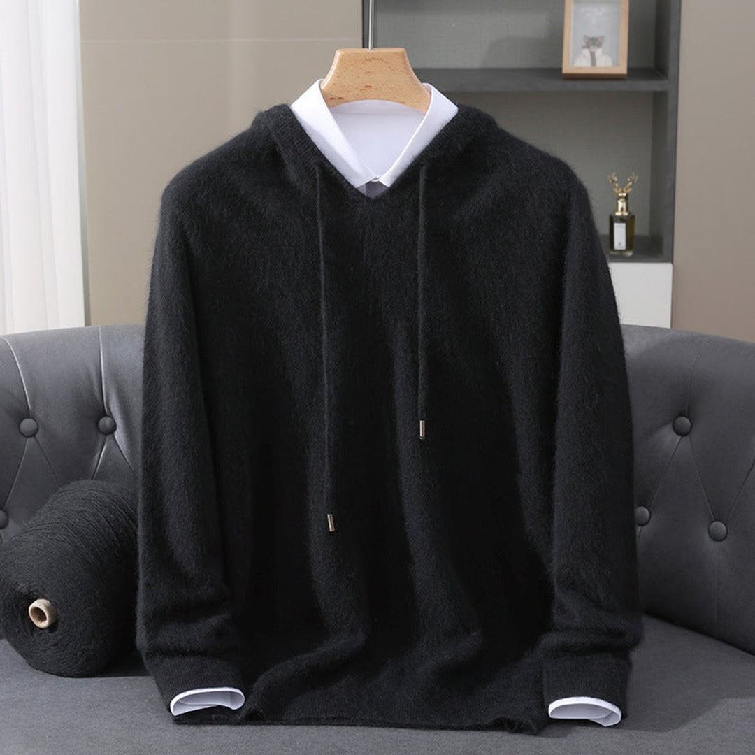 Men's Cashmere Hooded Pullover Knit Sweater - Black