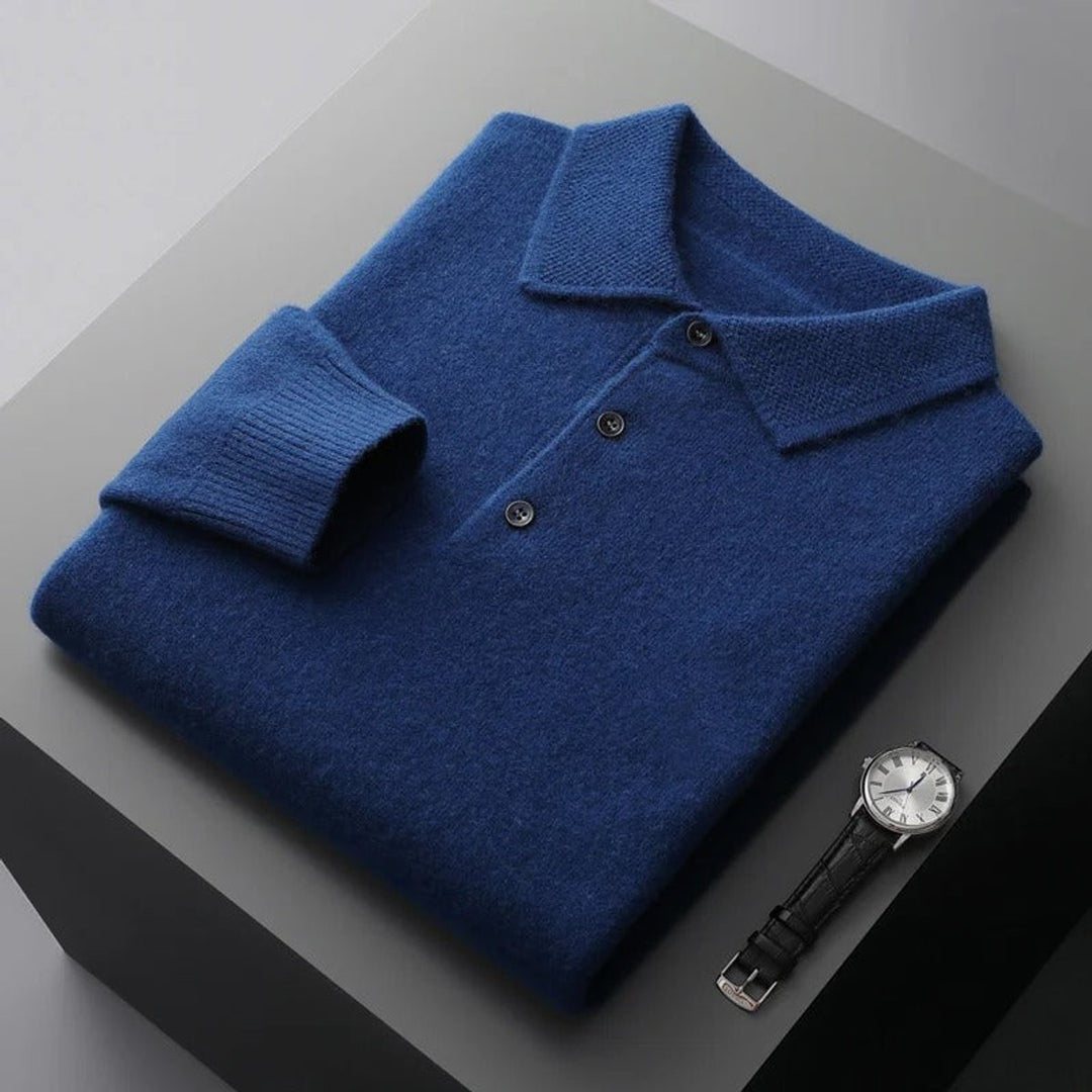 Men's Cashmere Polo Knit Sweater Long Sleeve Button Collar Pullover - Navy Blue