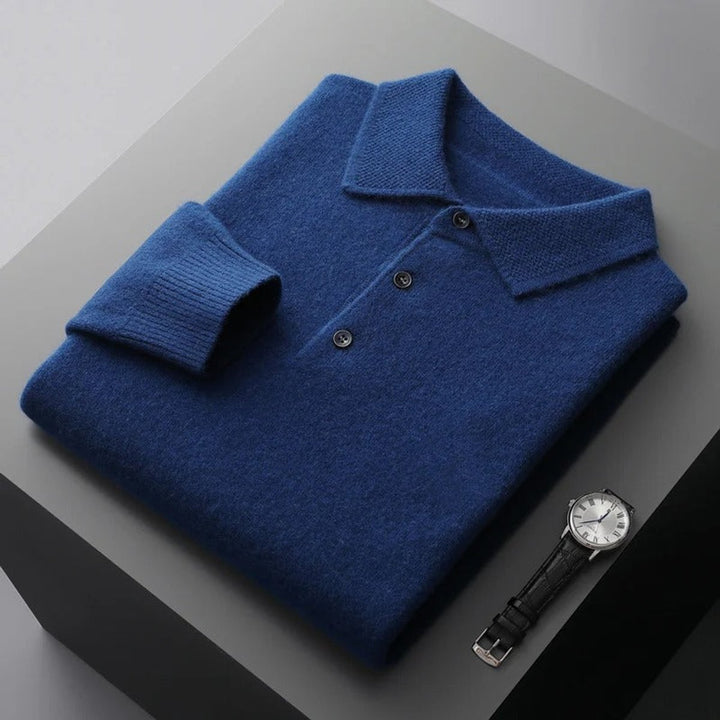 Men's Cashmere Polo Knit Sweater Long Sleeve Button Collar Pullover - Navy Blue