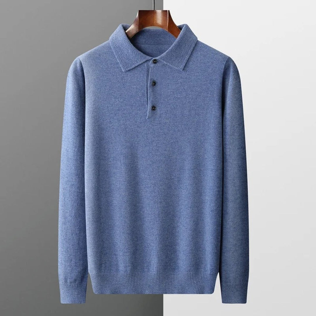 Men's Cashmere Polo Knit Sweater Long Sleeve Button Collar Pullover