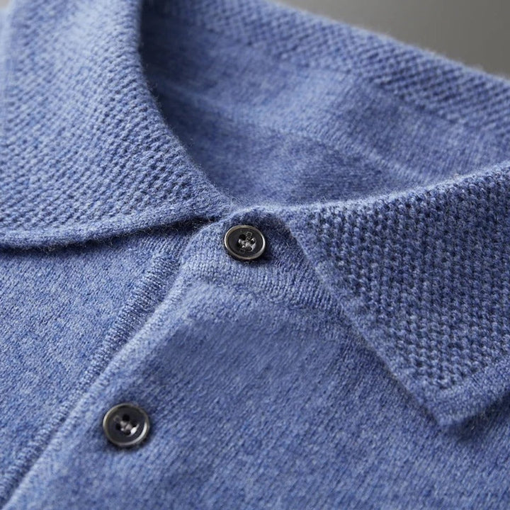 Men's Cashmere Polo Knit Sweater Long Sleeve Button Collar Pullover