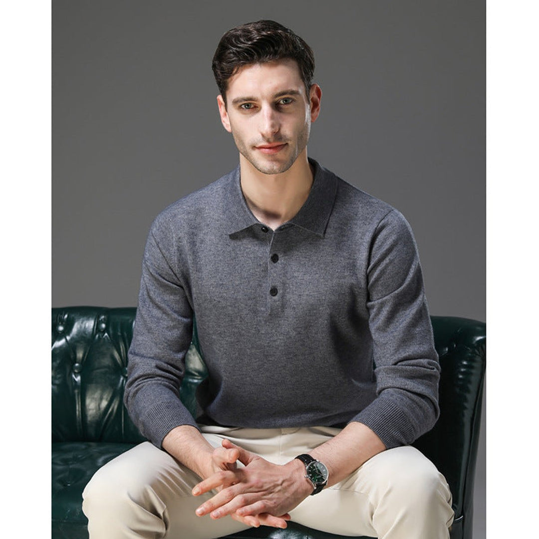 Men's Cashmere Polo Knit Sweater Long Sleeve Button Collar Pullover