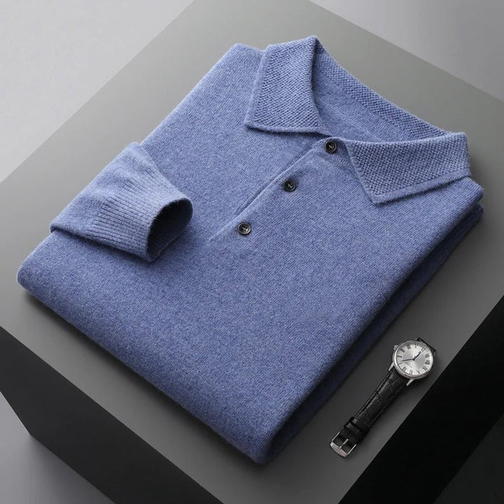 Men's Cashmere Polo Knit Sweater Long Sleeve Button Collar Pullover - Blue