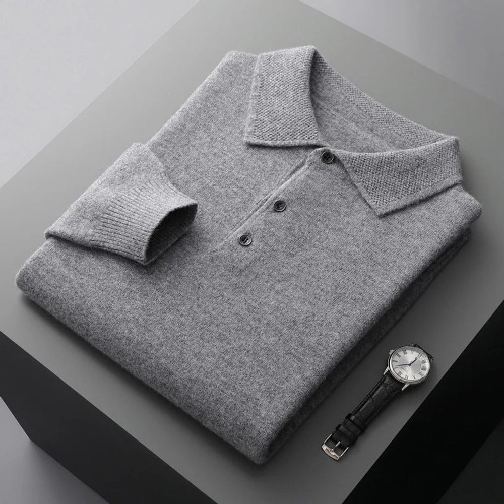 Men's Cashmere Polo Knit Sweater Long Sleeve Button Collar Pullover - Gray