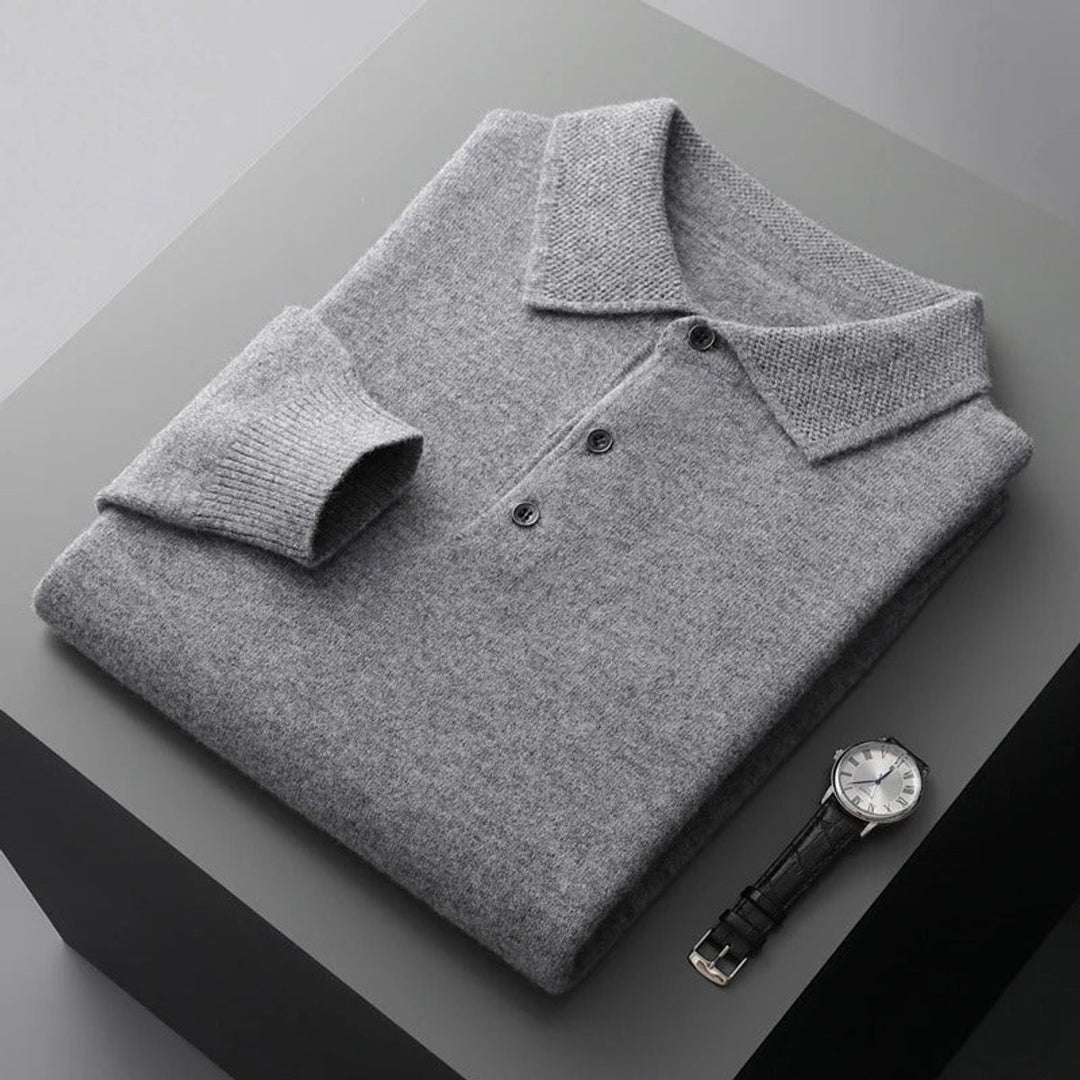 Men's Cashmere Polo Knit Sweater Long Sleeve Button Collar Pullover - Gray