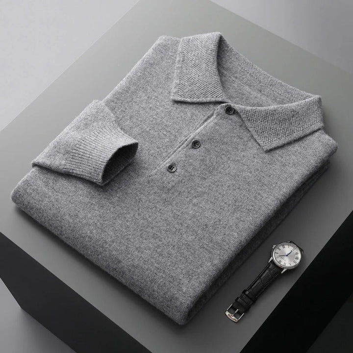 Men's Cashmere Polo Knit Sweater Long Sleeve Button Collar Pullover - Gray