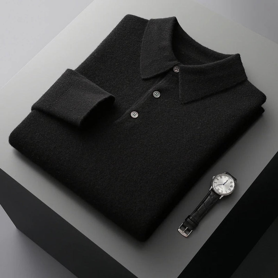 Men's Cashmere Polo Knit Sweater Long Sleeve Button Collar Pullover - Black