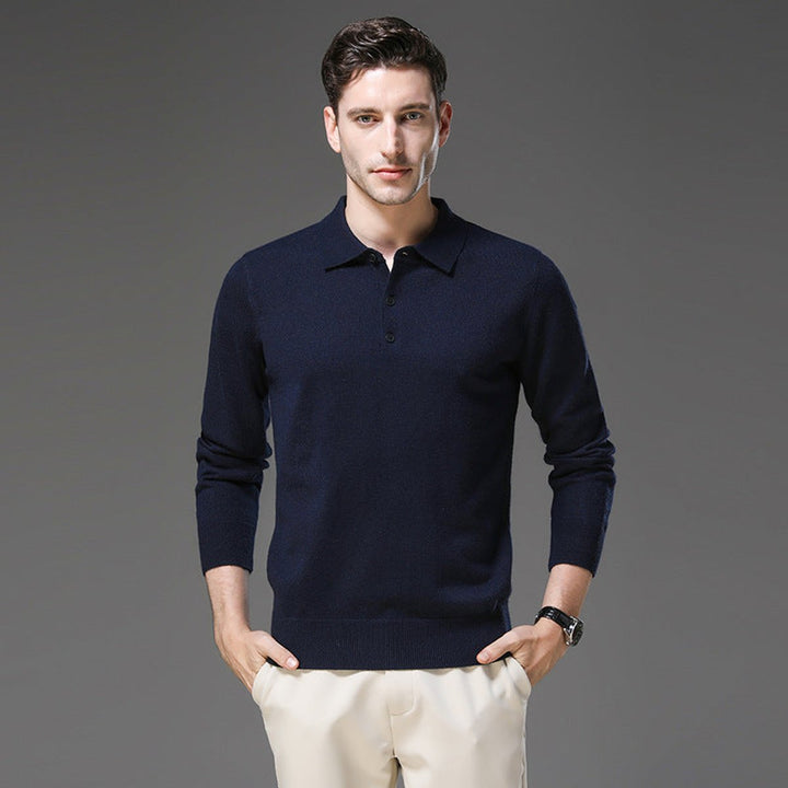 Men's Cashmere Polo Knit Sweater Long Sleeve Button Collar Pullover