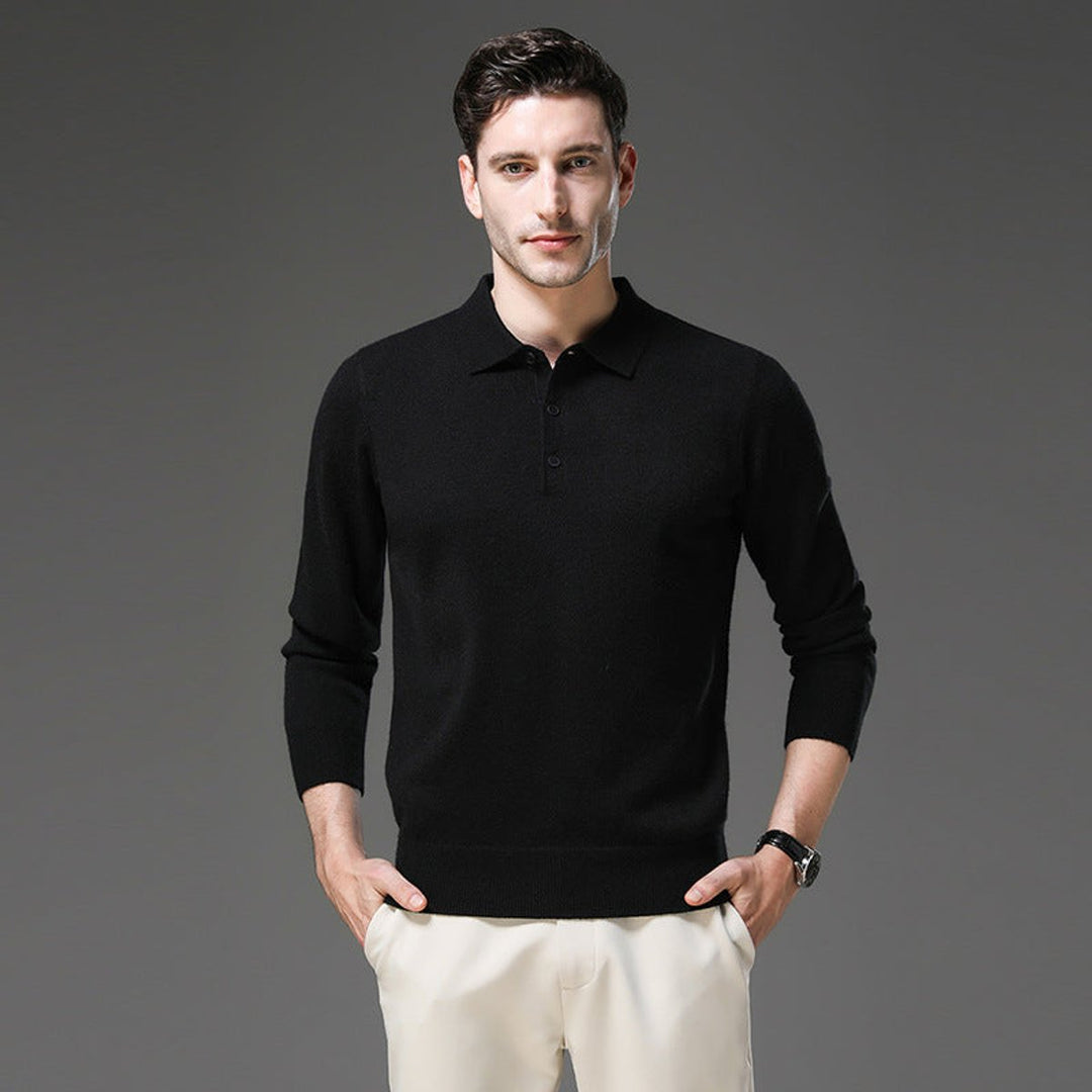 Men's Cashmere Polo Knit Sweater Long Sleeve Button Collar Pullover