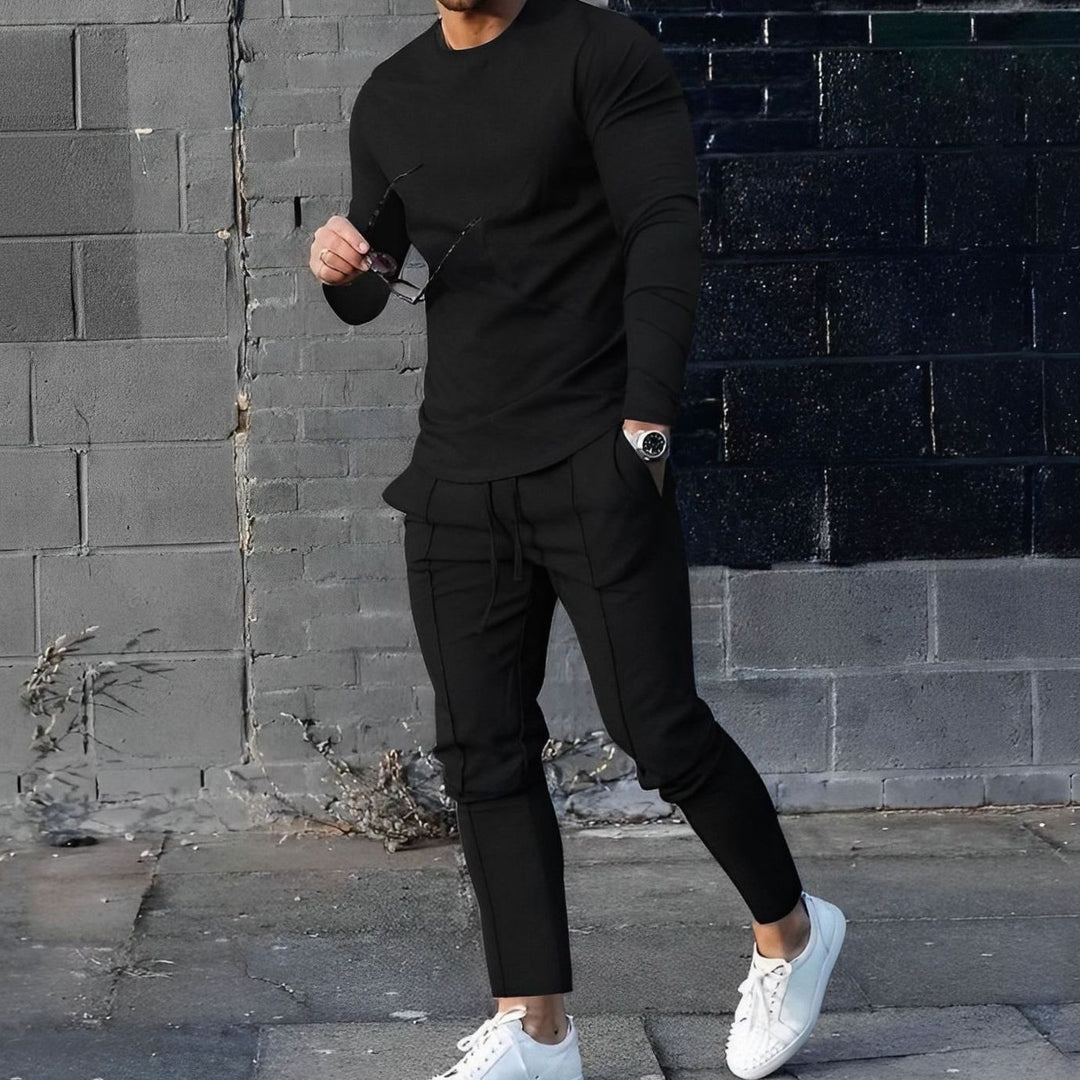 Men's Casual Long-Sleeve Crewneck Two-Piece Outfit Set - Black