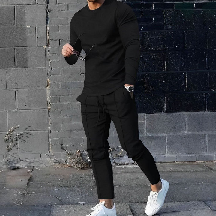 Men's Casual Long-Sleeve Crewneck Two-Piece Outfit Set - Black