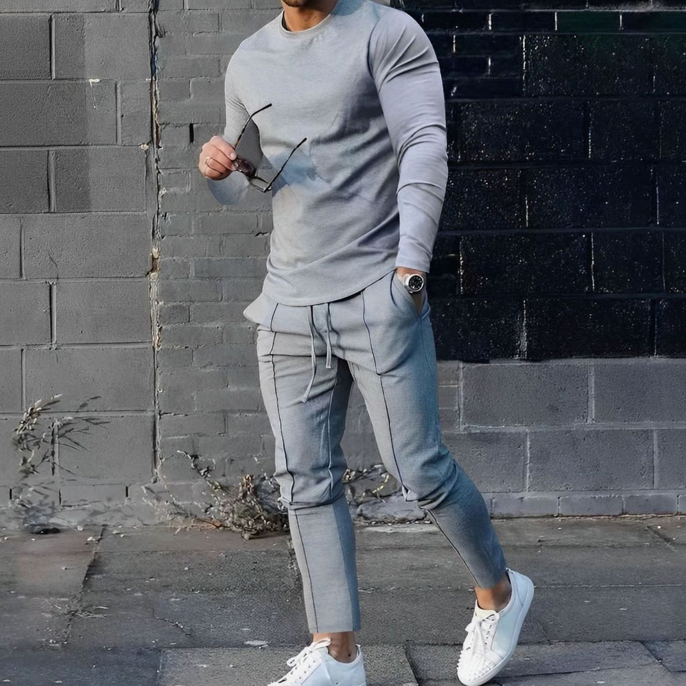Men's Casual Long-Sleeve Crewneck Two-Piece Outfit Set - Grey