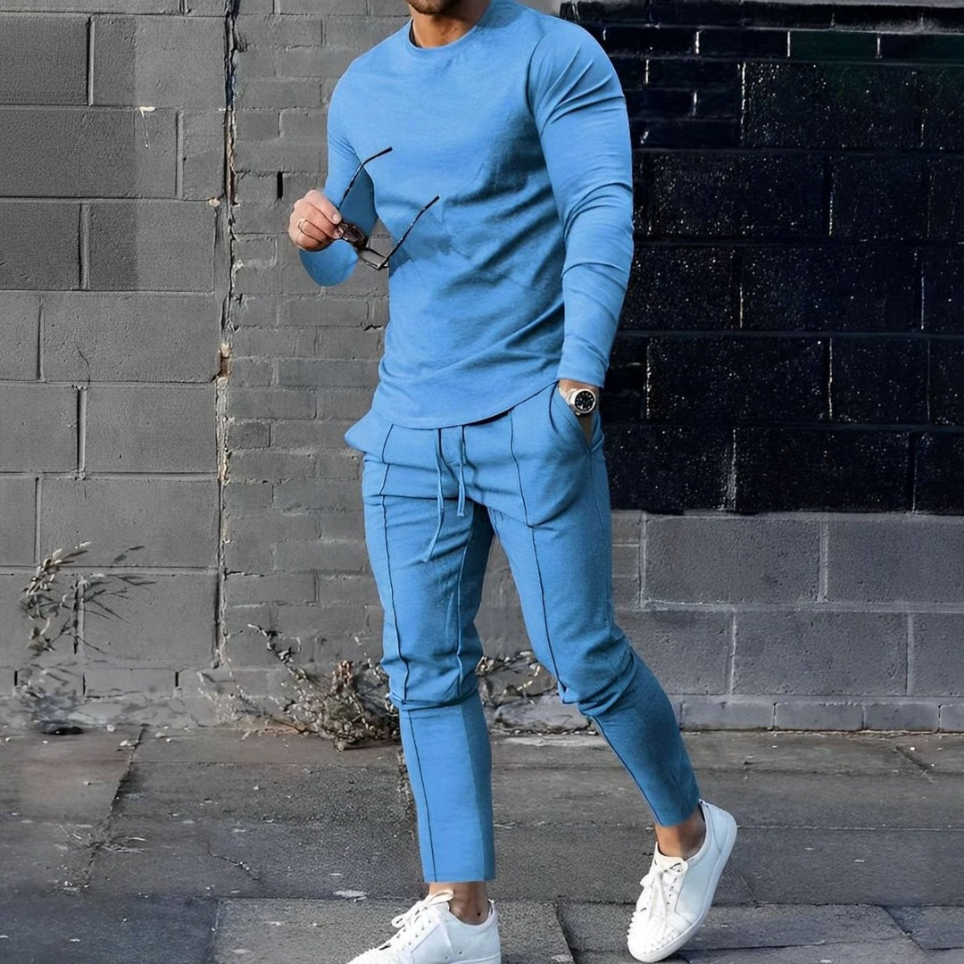 Men's Casual Long-Sleeve Crewneck Two-Piece Outfit Set - Blue