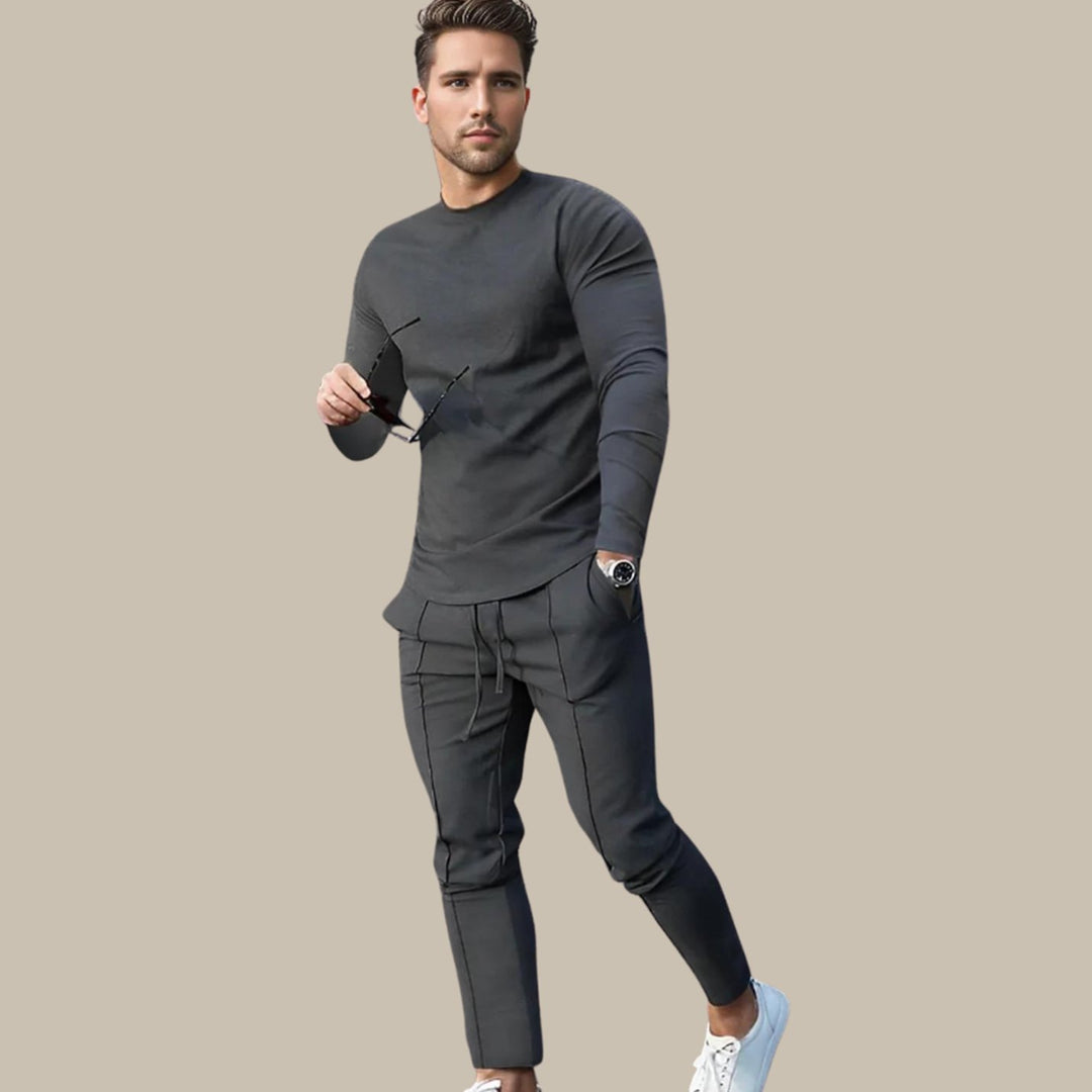 Men's Casual Long-Sleeve Crewneck Two-Piece Outfit Set - Dark Grey