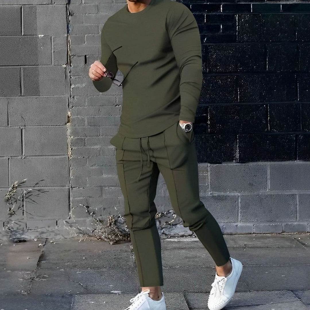 Men's Casual Long-Sleeve Crewneck Two-Piece Outfit Set - Olive Green