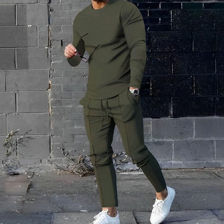 Men's Casual Long-Sleeve Crewneck Two-Piece Outfit Set - Olive Green