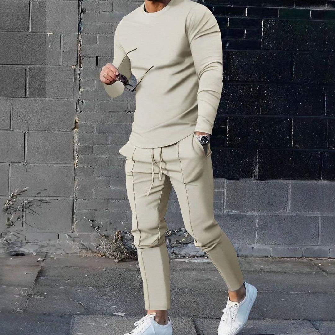 Men's Casual Long-Sleeve Crewneck Two-Piece Outfit Set - Beige