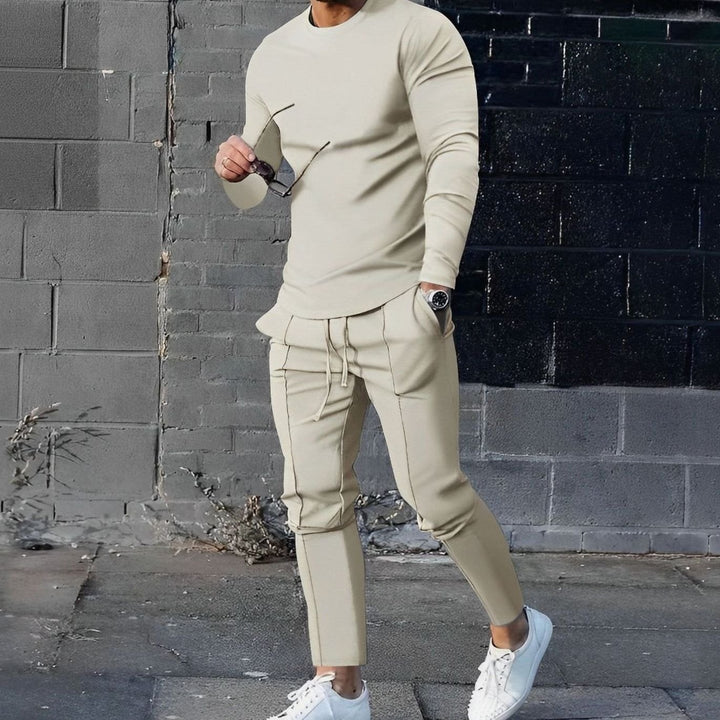 Men's Casual Long-Sleeve Crewneck Two-Piece Outfit Set - Beige