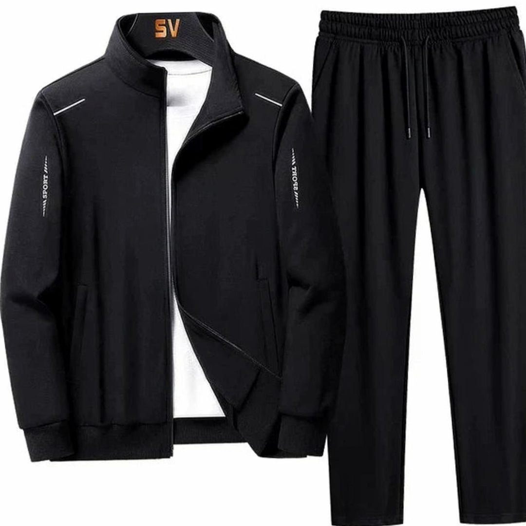 Men's Casual Tracksuit Two-Piece Zip-Up Jacket Jogger Set - Black