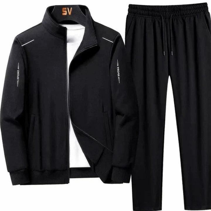 Men's Casual Tracksuit Two-Piece Zip-Up Jacket Jogger Set - Black