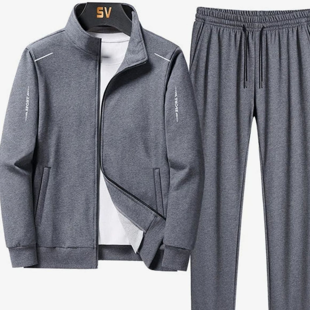 Men's Casual Tracksuit Two-Piece Zip-Up Jacket Jogger Set - Grey