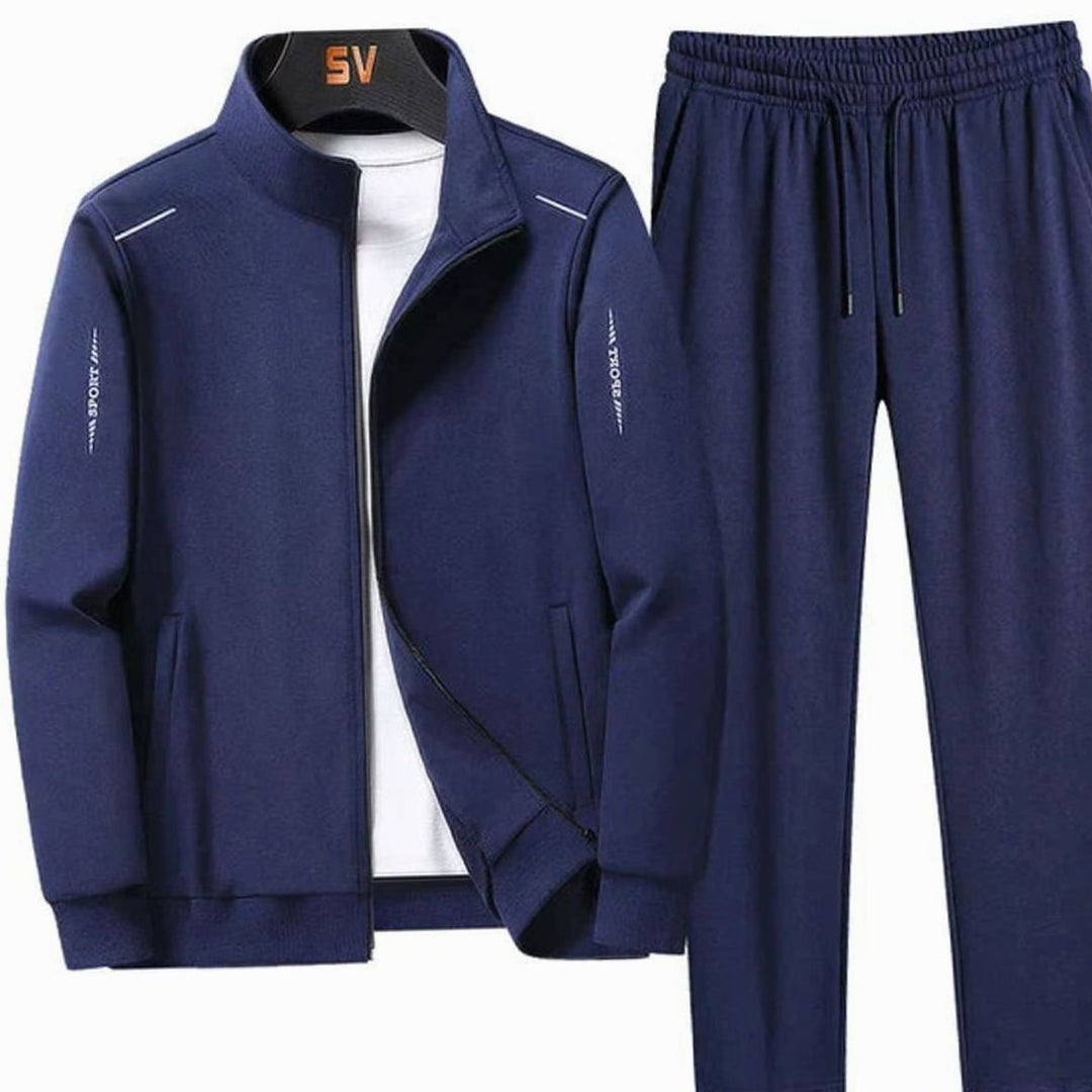 Men's Casual Tracksuit Two-Piece Zip-Up Jacket Jogger Set - Dark Blue