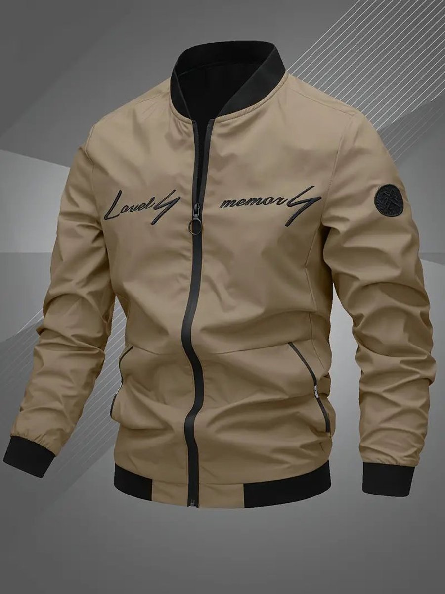 Men's Casual Zip-Up Polyester Bomber Jacket Baseball Collar - Khaki