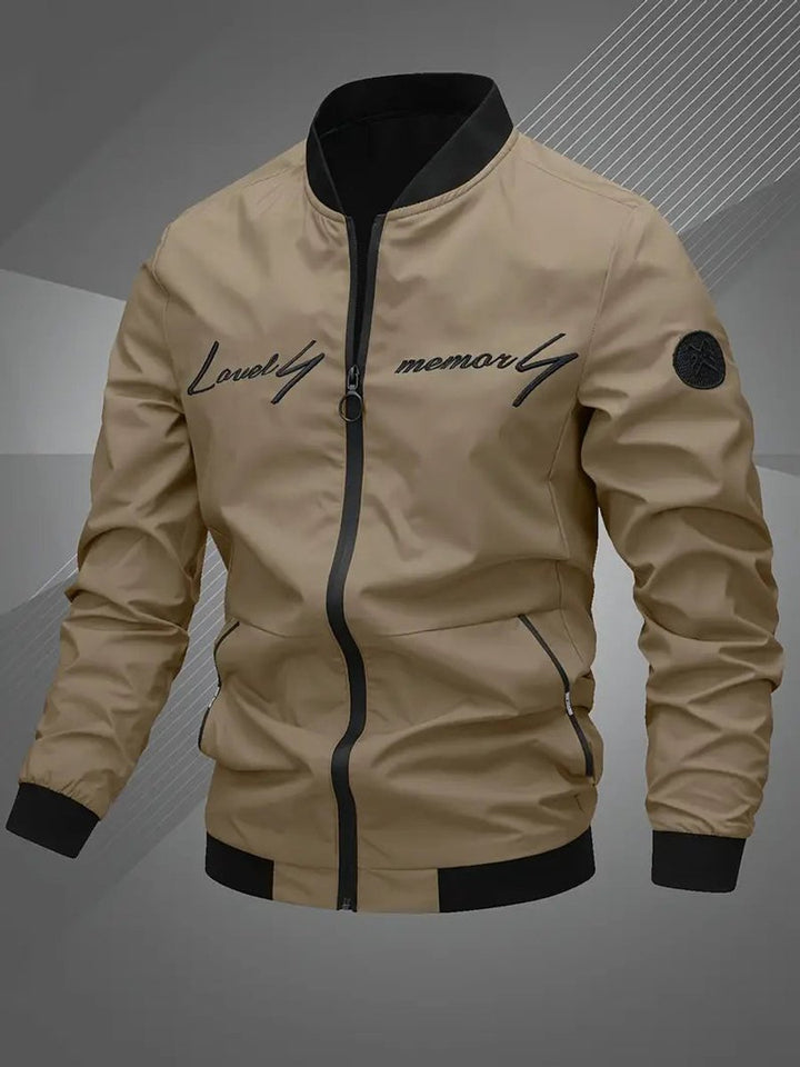 Men's Casual Zip-Up Polyester Bomber Jacket Baseball Collar - Khaki