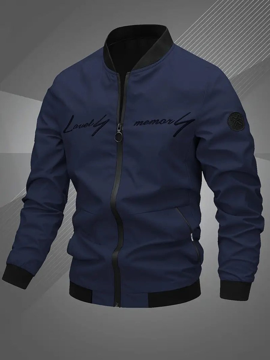 Men's Casual Zip-Up Polyester Bomber Jacket Baseball Collar - Navy Blue