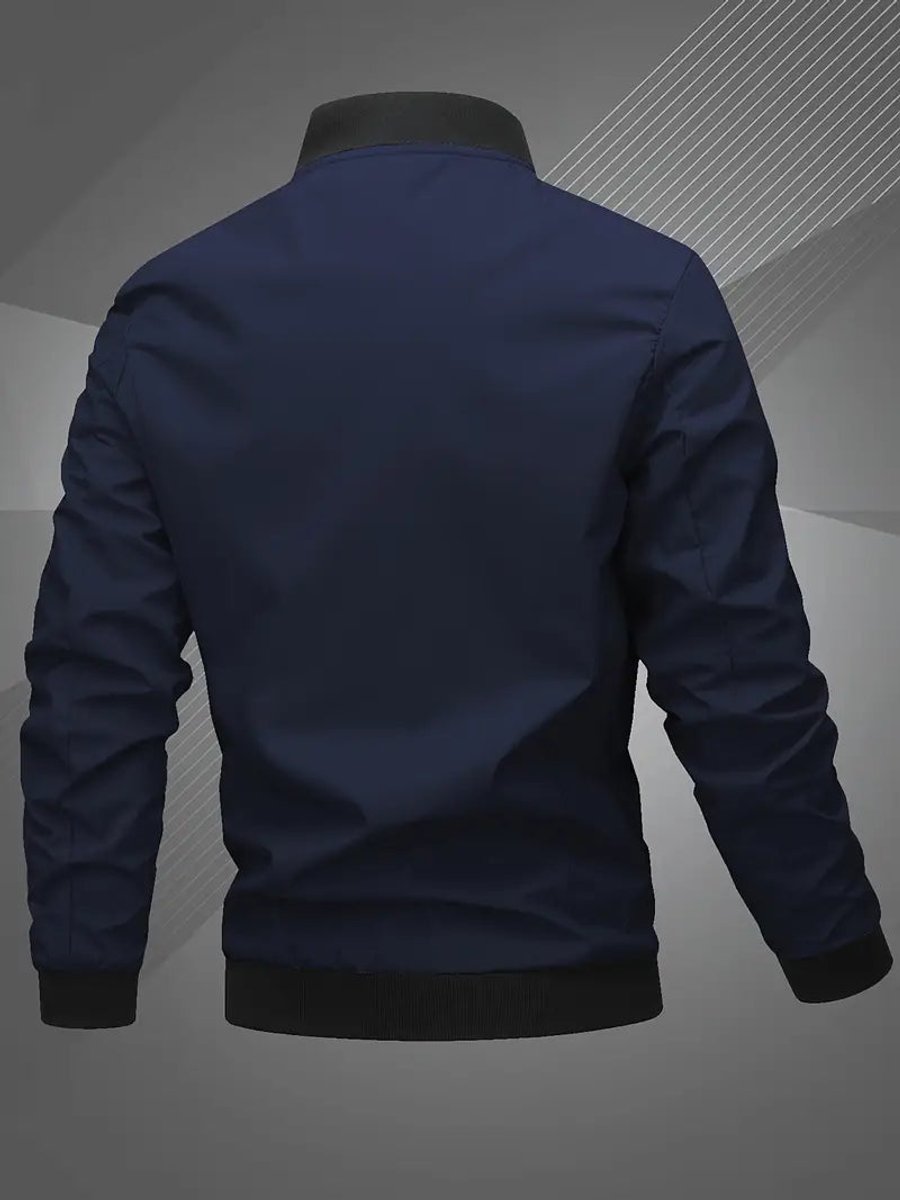 Men's Casual Zip-Up Polyester Bomber Jacket Baseball Collar
