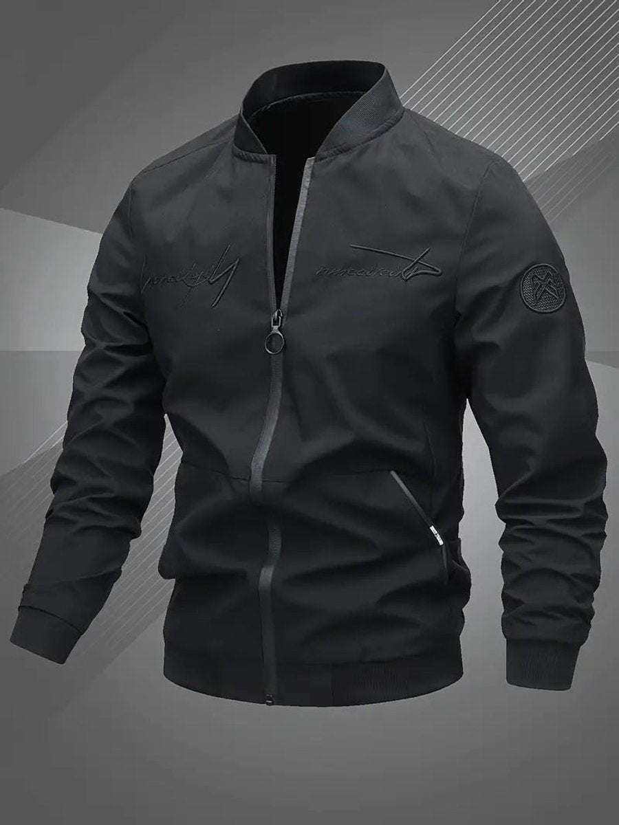 Men's Casual Zip-Up Polyester Bomber Jacket Baseball Collar - Black